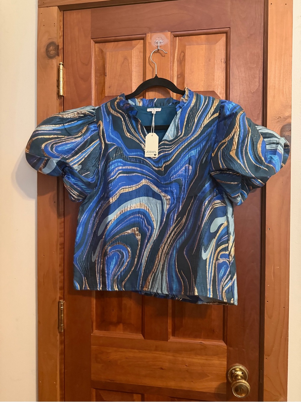 Jodifl Women’s Blue Swirl Puff-Sleeve Top